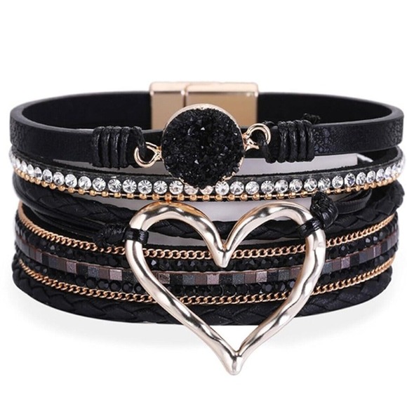 Heart Leather Wrap Bracelets Stackable Boho Cuff Bangles‎ Trendy Resin Grey - Picture 1 of 3